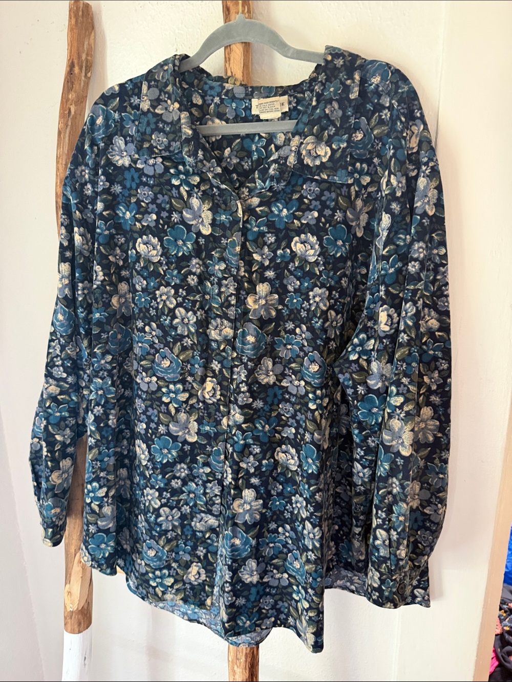 Vintage Cottagecore Blue Cream Floral Cotton Corduroy Button-Down Shirt 3XL